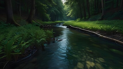 Wall Mural - A brook that flows through a forest, and on its banks a lot of greenery Generative AI

