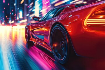 Wall Mural - Sport car on the road with motion blur background. Street racing videogame gameplay. 3D rendering of a brand-less generic concept car in a futuristic environment with generative ai