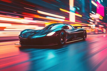 Wall Mural - Sport car on the road with motion blur background. Street racing videogame gameplay. 3D rendering of a brand-less generic concept car in a futuristic environment with generative ai