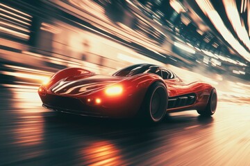 Wall Mural - Sport car on the road with motion blur background. Street racing videogame gameplay. 3D rendering of a brand-less generic concept car in a futuristic environment with generative ai