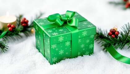 Wall Mural - Green gift box, on snowy surface, Christmas