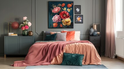 Wall Mural - Bedroom interior with floral poster above cabinet and colorful pillows on bed. Authentic image