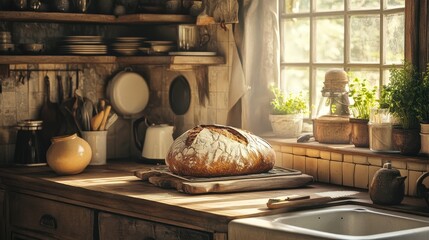 Wall Mural - Rustic Farmhouse Kitchen with Freshly Baked Bread