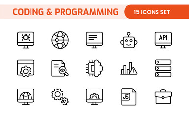 Programming coding set of web icons in line style. Software development icons for web and mobile app. Code, api, programmer, developer, information technology, coder and more.
