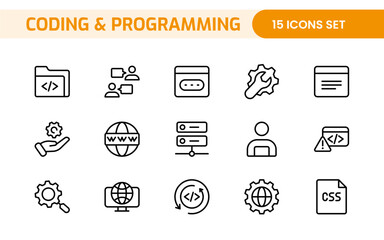 Programming coding set of web icons in line style. Software development icons for web and mobile app. Code, api, programmer, developer, information technology, coder and more.