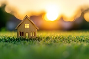 Wall Mural - Small Wooden House on Green Grass with a Sunset Background