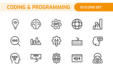 Programming coding set of web icons in line style. Software development icons for web and mobile app. Code, api, programmer, developer, information technology, coder and more.