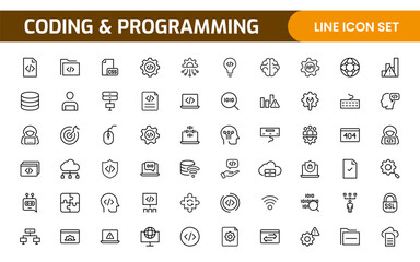 Programming coding set of web icons in line style. Software development icons for web and mobile app. Code, api, programmer, developer, information technology, coder and more.