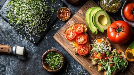 Wall Mural - Fresh, Healthy Vegetarian Meal Ingredients on Rustic Wooden Board