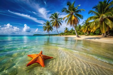 Vibrant orange starfish dot the pristine white sand beach of Bocas del Toro, Panama, surrounded by crystal-clear turquoise waters and lush green palm trees.