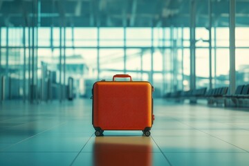 Wall Mural - Suitcase on the floor of the airport terminal. 3D rendering. Business trip with suitcase and airport background. Travel and vacation concept, with generative ai