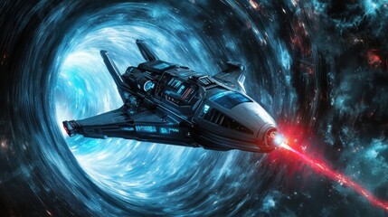Wall Mural - a futuristic spaceship traveling through a vibrant cosmic portal, emitting a red laser beam.
