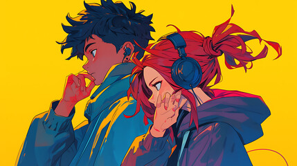 Wall Mural - Cool Anime manga boy and girl teenager listening lofi music with headphones background	
