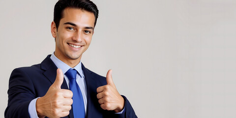 a young smiling businessman in a suit giving two thumbs up sign. Positive human emotions facial expression feelings, success, isolated with copy space, room for text