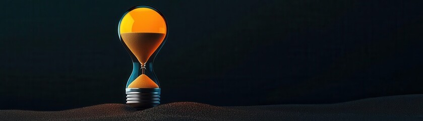 Glowing lightbulb filling with sand from an hourglass, representing innovation over time in business, lightbulb sand hourglass, business growth update