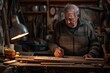 © miss irine - Elderly man works on wooden project at cluttered workshop. He sketches design with pencil on wood piece using lamp light. Various tools and equipment surround him, including clock and shelf.