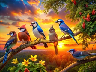 Vibrant sunset illuminates a majestic tree branch, where a group of colorful birds, including blue jays and robins, perch together, feathers glistening with dew.