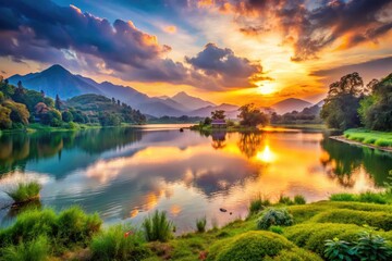 Vibrant sunset illuminates the serene waters of a tranquil lake in the Indian countryside, surrounded by lush greenery and majestic mountains in the background.