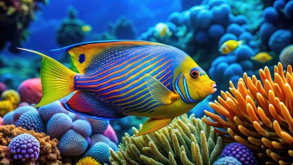 Wall Mural - Vibrant Tropical Angelfish Swims Gracefully Through A Stunning Coral Reef, Showcasing Its Elegant Fins And Iridescent Scales In The Crystal-Clear Turquoise Waters.