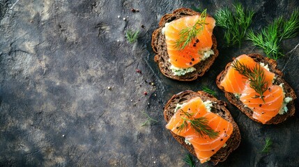 Poster - Slices of rye bread with a topping of smoked fish and dill, with plenty of room for copy space