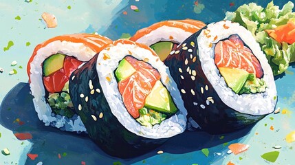 Sushi California roll with fresh salmon, avocado, and seaweed, vibrant oriental background, perfect for modern Asian restaurant banners or digital food art.