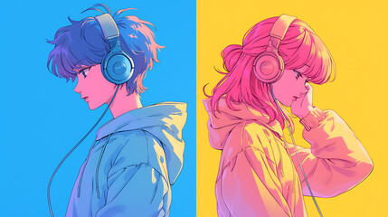 Wall Mural - Cool Anime manga boy and girl teenager listening lofi music with headphones background	
