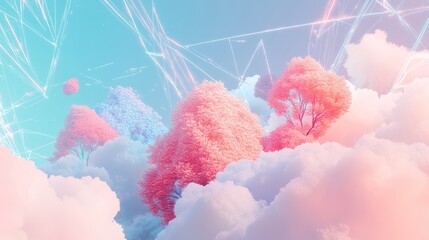 Wall Mural - Dreamy Cloudscape with Trees and Glowing Lines