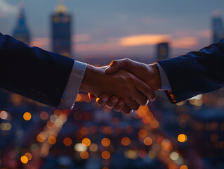 Businessmen shaking hands in the office with a city view background