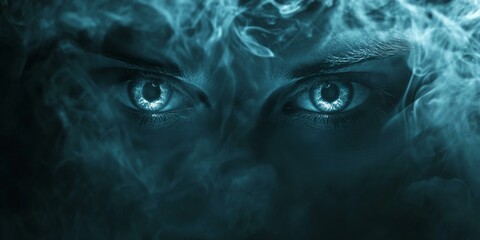 close-up of glowing eyes obscured by smoke.