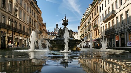 Wall Mural - A picturesque fountain in a vibrant city square, reflecting the surrounding architecture and sky.