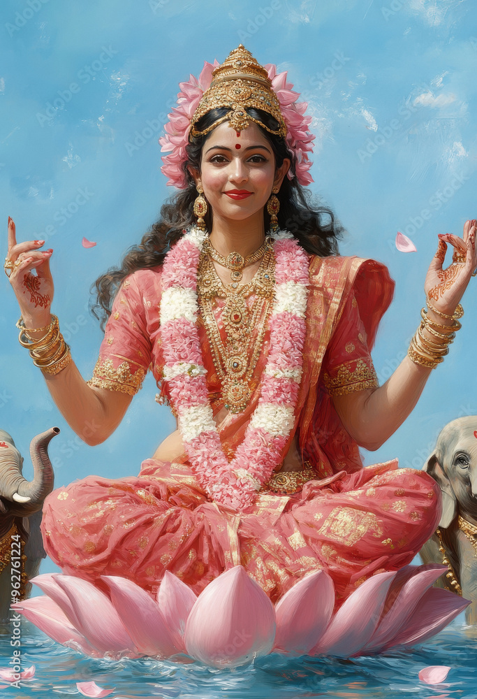 Goddess Devi sitting on a lotus, with four arms and an elephant behind ...