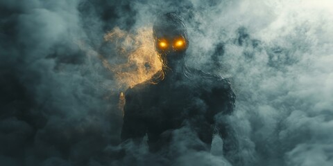 Wall Mural - A shadowy figure with glowing eyes emerges from smoke.