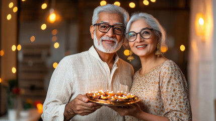 Canvas Print - senior indian couple holding traditional burning oil lamps plate