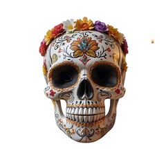 Day of the dead background with skull mask, candles and flowers, front view, close up. Holiday banner with dia de los muertos skull for postcard, poster, web site, greeting invitation. Copy Space. AI