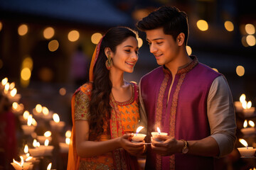 Canvas Print - Indian couple celebrating diwali festival