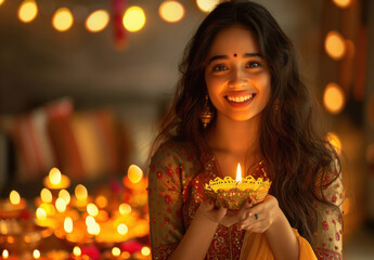 Wall Mural - A joyful Indian woman in traditional silk attire, holding a brass plate filled with burning diyas.