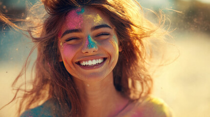 Poster - A beautiful woman is smiling as she looks at the camera, her face covered in colorful powder paint and hair blowing away from it