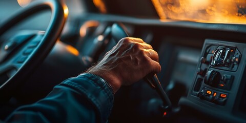 Close-up of a hand on the gear stick in a