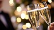 © K-MookPan - Two champagne glasses clinking together, celebrating a special occasion with a festive backdrop of soft glowing lights.