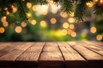 Wooden table top with blurred bokeh lights and pine tree leafs, Christmas holiday, winter concept, product display with generative ai