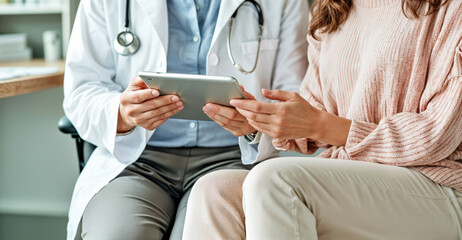 Doctor is showing medical information on a tablet to her female patient during a consultation in her office. High quality photo