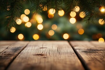 Wooden table top with blurred bokeh lights and pine tree leafs, Christmas holiday, winter concept, product display with generative ai