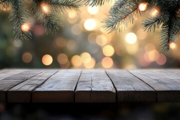 Wall Mural - Wooden table top with blurred bokeh lights and pine tree leafs, Christmas holiday, winter concept, product display with generative ai