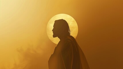 minimalist graphic design of jesus silhouette against a gold gradient background