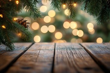 Wooden table top with blurred bokeh lights and pine tree leafs, Christmas holiday, winter concept, product display with generative ai