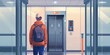 © Vadym - Man stands in modern elevator with open door showing neutral background of white hallway. He wears red jacket and carries backpack suggesting travel or commute.