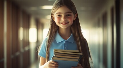 Canvas Print - A smiling girl holds books in a school hallway, exuding joy and enthusiasm for learning.