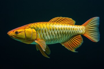 the beside view Golden Arowana Fish, left side view, white copy space on right, Isolated on dark Background