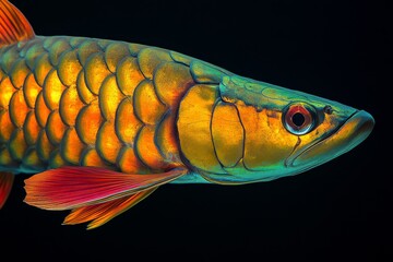 Mystic portrait of Asian Arowana Fish, copy space on right side, Close-up View, isolated on black background