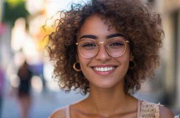 Canvas Print - Portrait of a beautiful, smiling woman with curly hair and glasses, standing on a street.